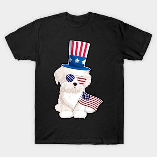 Maltese Uncle Sam Hat Sunglasses Usa Flag 4th Of July T-Shirt